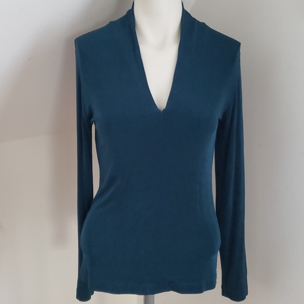 Chico's Traveler Teal Mock V Neck, Long-sleeve Top Size S/4, Chico's 0